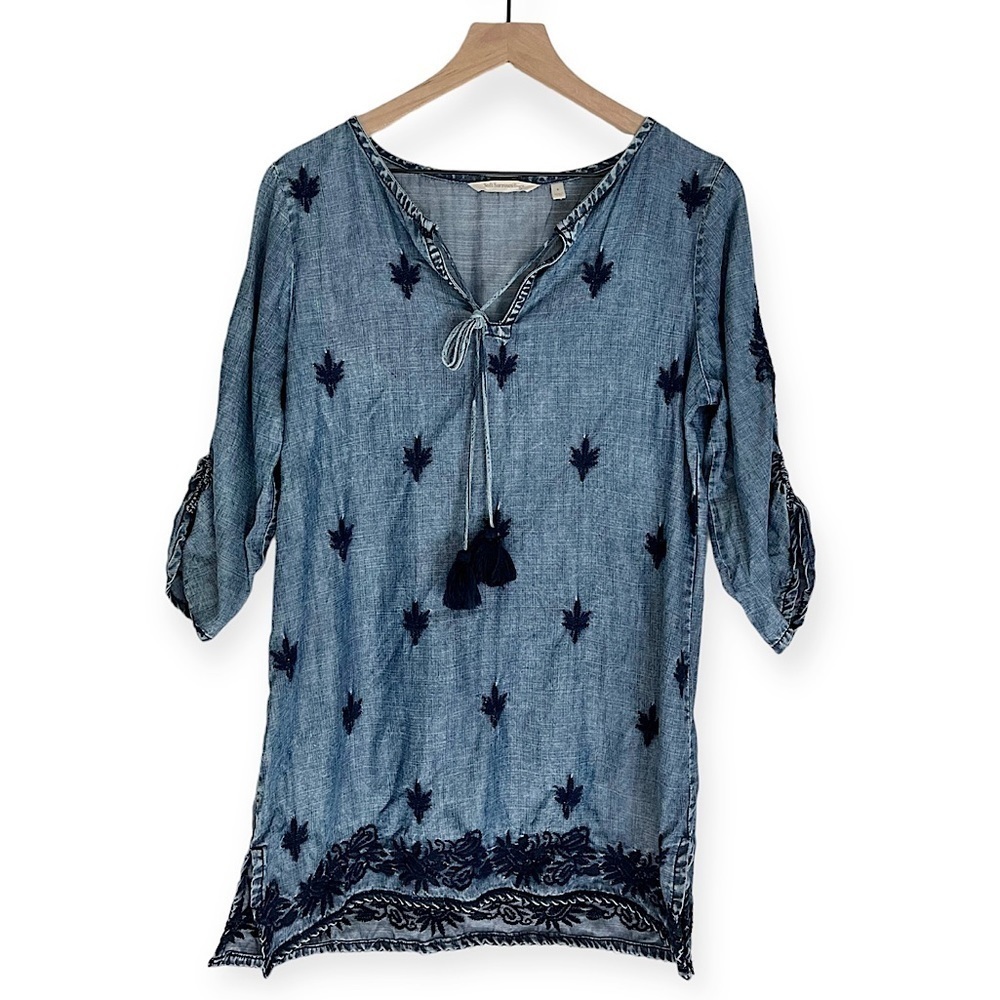 Soft Surroundings Chambray Embroidered Tassel Tunic Blue Women’s Size Small